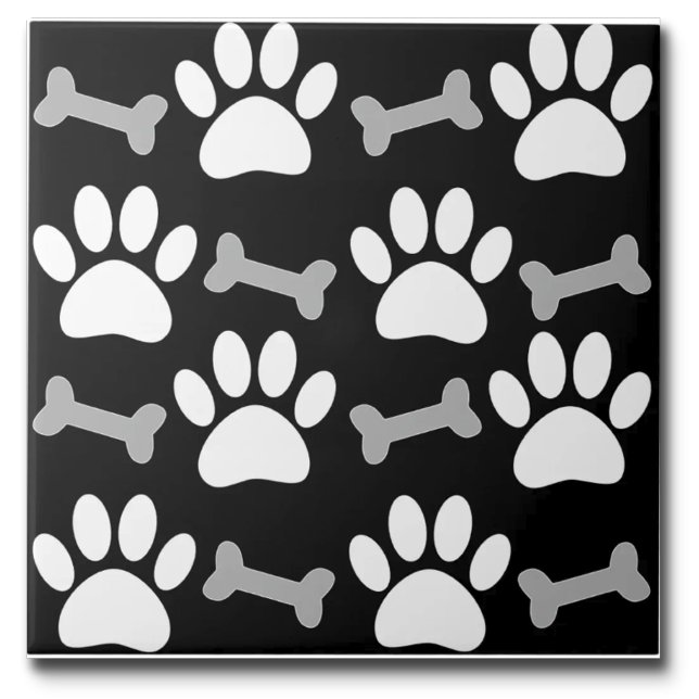 Paws And Bones Seamless Black White Gray Custom  Ceramic Tile (Creator Uploaded)