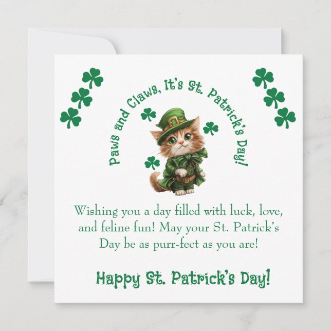 Paws and Claws St. Patrick’s Day Leprechaun Cat Holiday Card (Front)