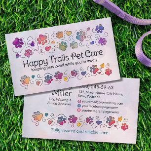 Paws and Hearts - hand drawn line art & watercolor Business Card