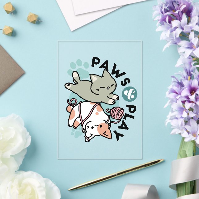Paws and Play – Adorable Cat Illustration Acrylic Invitations (Insitu (Wedding))