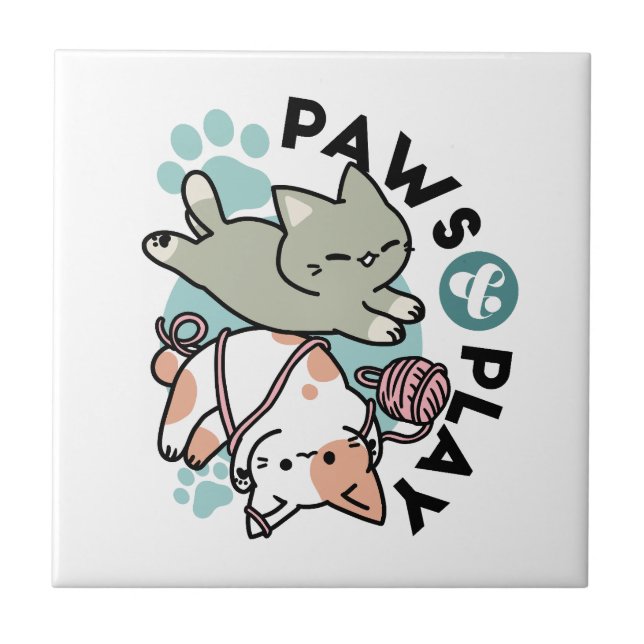 Paws and Play – Adorable Cat Illustration Ceramic Tile (Front)