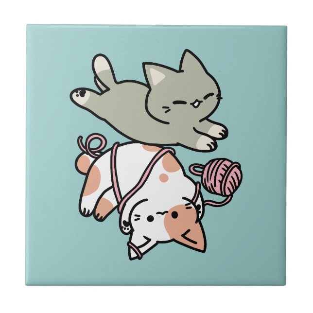Paws and Play – Adorable Cat Illustration Ceramic Tile (Front)