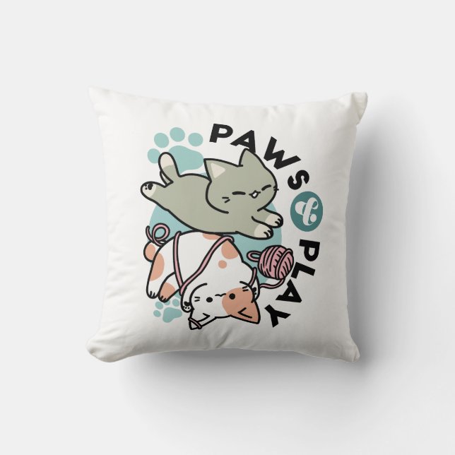 Paws and Play – Adorable Cat Illustration Cushion (Front)