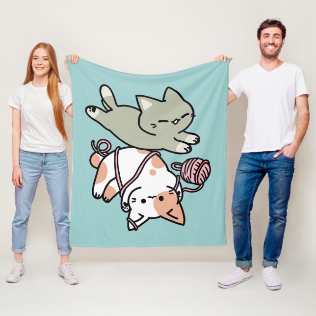 Paws and Play – Adorable Cat Illustration Fleece Blanket (In Situ)