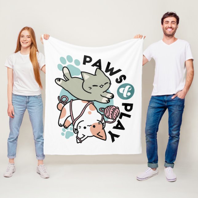 Paws and Play – Adorable Cat Illustration Fleece Blanket (In Situ)