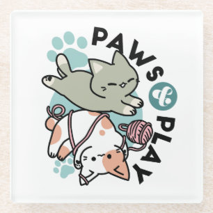 Paws and Play – Adorable Cat Illustration Glass Coaster
