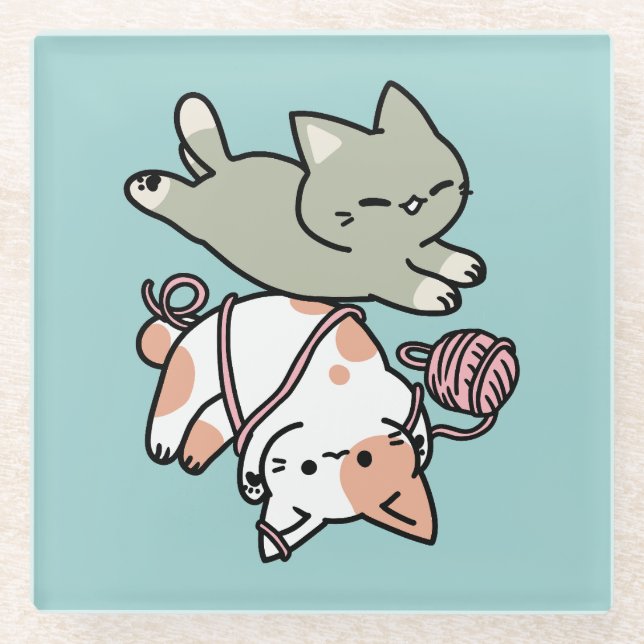 Paws and Play – Adorable Cat Illustration Glass Coaster (Front)