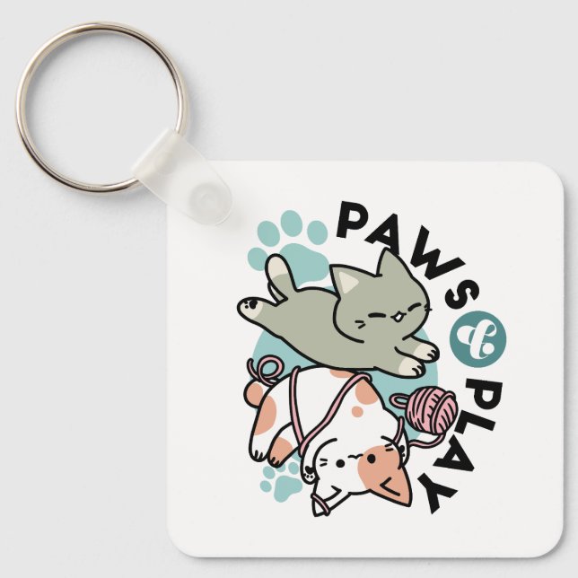 Paws and Play – Adorable Cat Illustration Key Ring (Front)