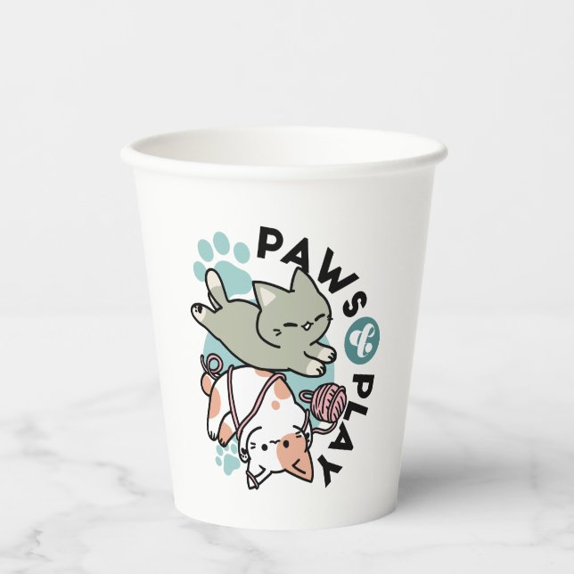 Paws and Play – Adorable Cat Illustration Paper Cups (Front)