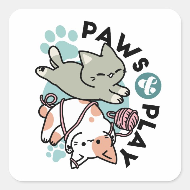 Paws and Play – Adorable Cat Illustration Square Sticker (Front)