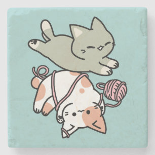 Paws and Play – Adorable Cat Illustration Stone Coaster