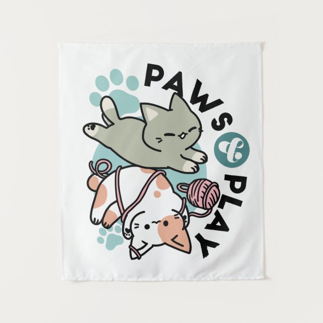 Paws and Play – Adorable Cat Illustration Tapestry (Front)