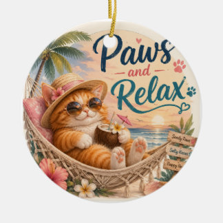 Paws and Relax Beach Cat Ceramic Ornament
