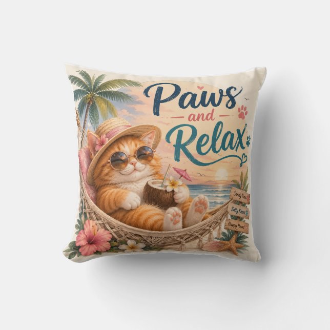 Paws and Relax Beach Cat Cushion (Front)