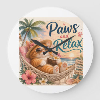 Paws and Relax Beach Cat Large Clock