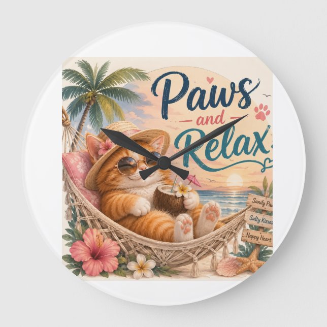 Paws and Relax Beach Cat Large Clock (Front)
