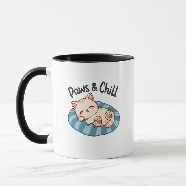 Paws & Chill Cat Nap Illustration Cartoon Mug (Left)