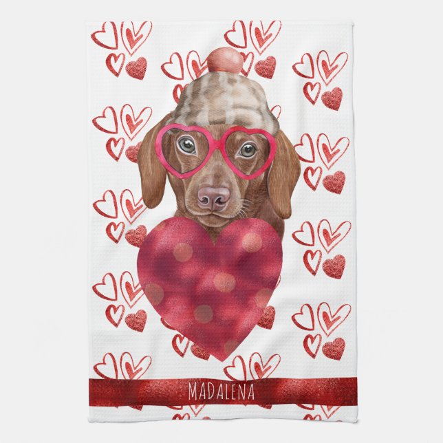 Paws Dog Lover Valentine Gift Brown Dachshund Tea Towel (Vertical)