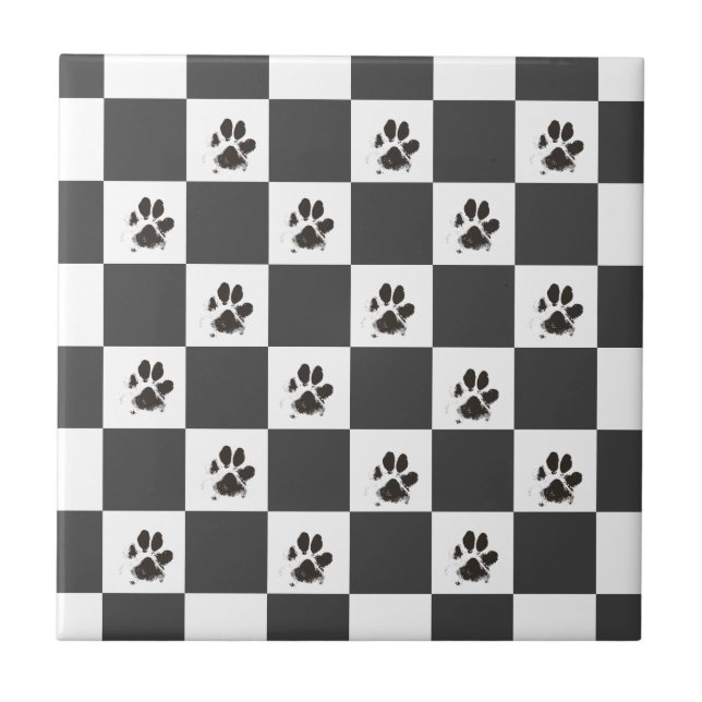 Paws Dog Pet Chequerboard Black White |  Ceramic Tile (Front)