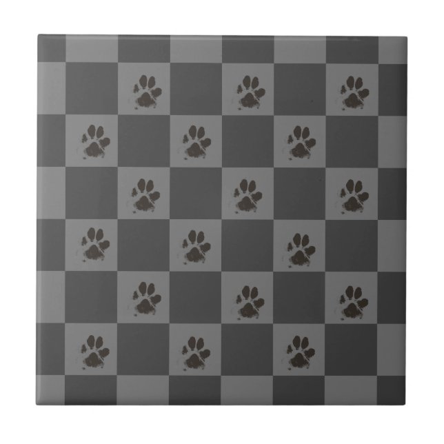 Paws Dog Pet Chequerboard Dark Grey |  Ceramic Tile (Front)