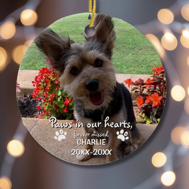 Paws in our Heart 2 Photo Cute Pet Memorial Custom Ceramic Ornament (Creator Uploaded)