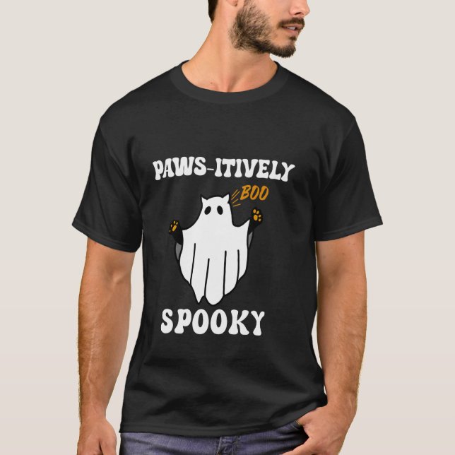 Paws itvely Spooky Halloween Ghost Cat T-Shirt (Front)