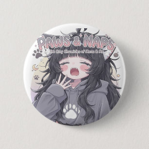 Paws & Naps Cute Yawning Anime Girl Button - Sleep