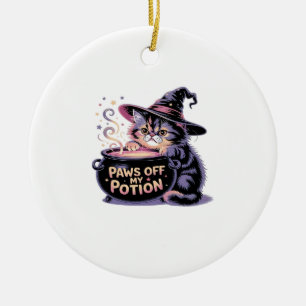 Paws Off My Potion, Kawaii Halloween Witch Cat Cla Ceramic Ornament