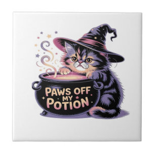 Paws Off My Potion, Kawaii Halloween Witch Cat Cla Ceramic Tile