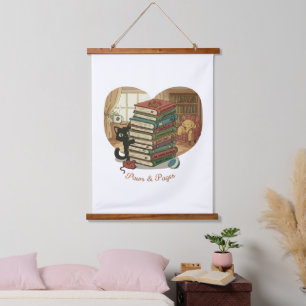 Paws & Pages Cute Cat & Dog in Cosy Library Book Hanging Tapestry