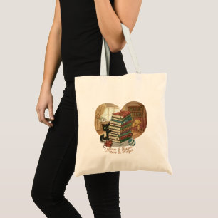 Paws & Pages   Cute Cat & Dog in Cosy Library Book Tote Bag