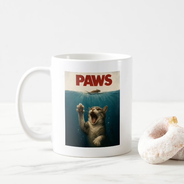 Paws Parody Cat Chasing a Cute Scared Mouse Coffee Mug (With Donut)