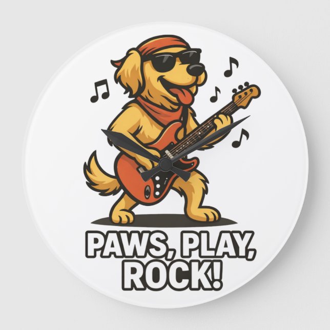 Paws play rock- Funny rock dog lovers design. Large Clock (Front)