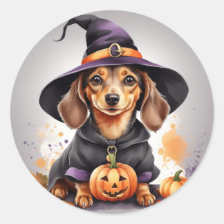 Paws & Potions: Dachshund Witch on a Pumpkin Classic Round Sticker