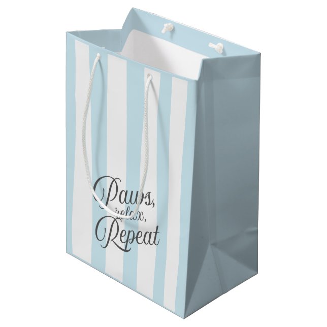 'Paws, Relax, Repeat.' Blue And White Striped  Medium Gift Bag (Front Angled)