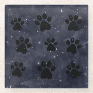 Paws Star and Crescent Moons Blue Watercolor Glass Coaster