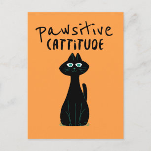 Pawsitive Cattitude Cute Cat Humour Black Orange Postcard
