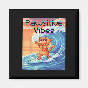 Pawsitive Vibes Cat Surfing - Pixel Art Wave  Magnet