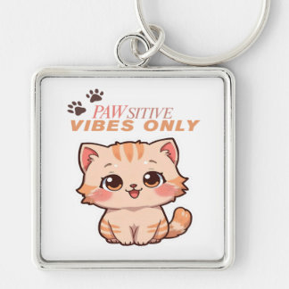 Pawsitive Vibes Only – Cute Kawaii Cat Design Key Ring