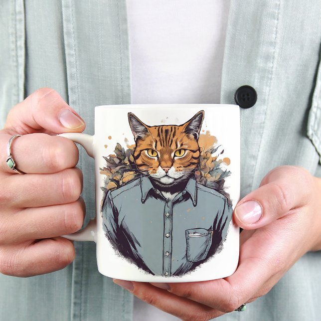 Pawsitively dapper in his shirt and tie, Cat Coffee Mug (Creator Uploaded)