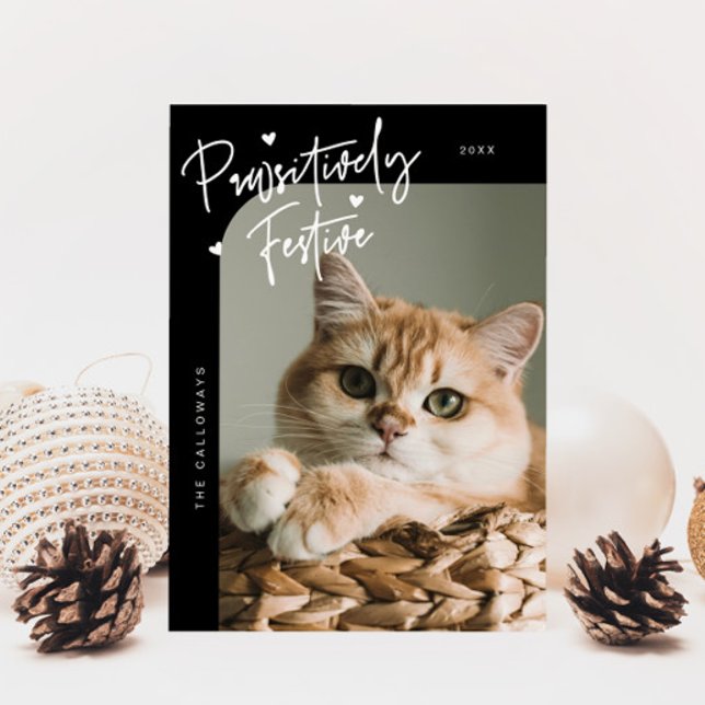Pawsitively Festive Cat Photo Black Christmas Holiday Card (Creator Uploaded)