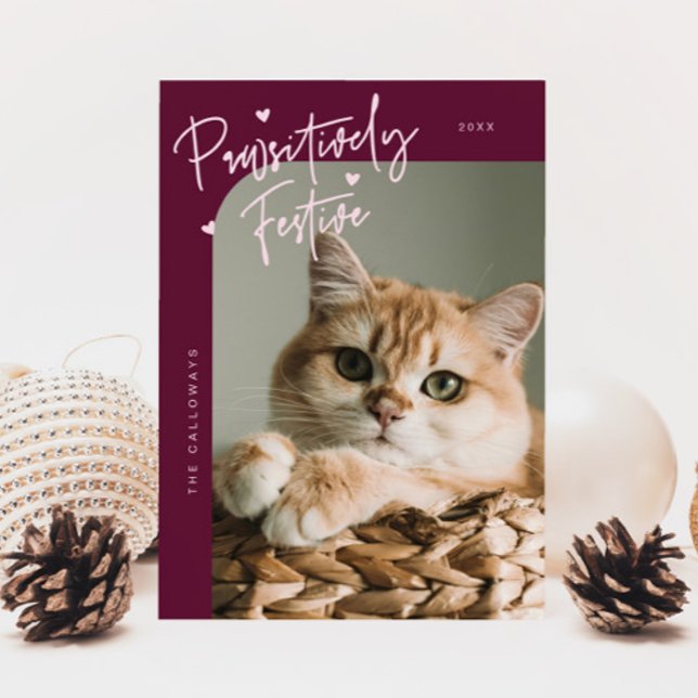 Pawsitively Festive Cat Photo Cranberry Christmas Holiday Card (Creator Uploaded)