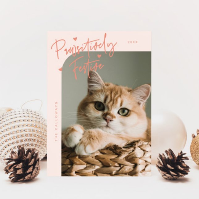 Pawsitively Festive Cat Photo Peach Christmas Holiday Card (Creator Uploaded)