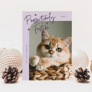 Pawsitively Festive Cat Photo Purple Christmas Holiday Card