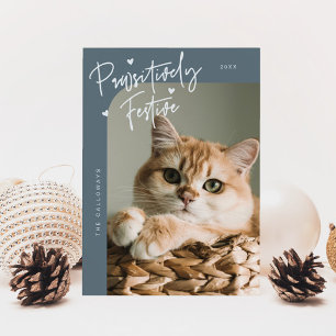 Pawsitively Festive Cat Photo Slate Blue Christmas Holiday Card