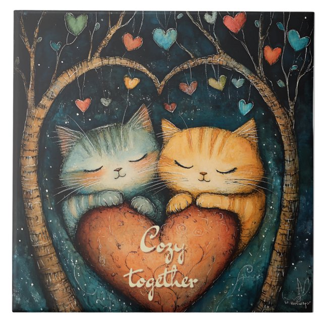 Pawsitively in Love Cosy Together Illustration  Ceramic Tile (Front)