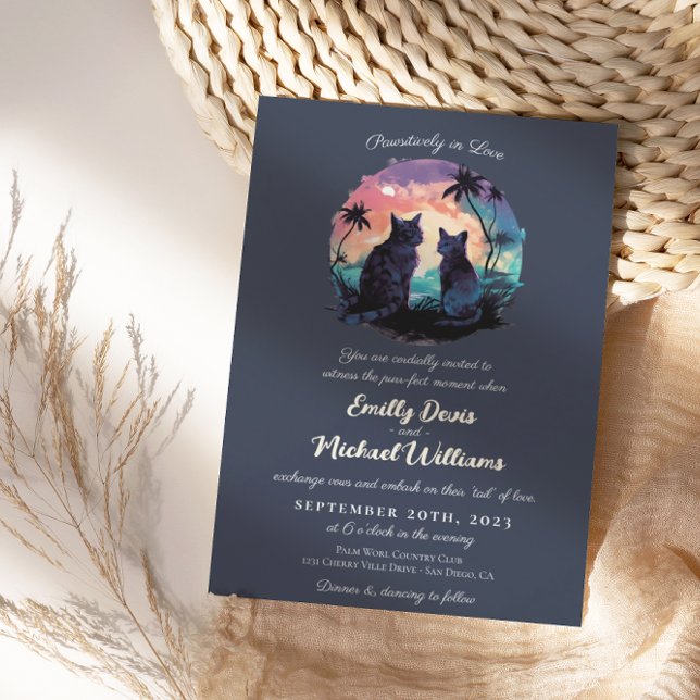 Pawsitively in Love Sunset Romantic Cats Wedding Invitation (Creator Uploaded)