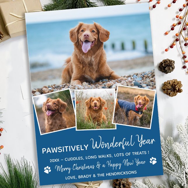 Pawsitively Pet Year in Review Blue Dog Photo Holiday Card (Creator Uploaded)