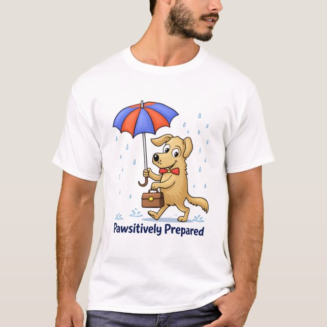 Pawsitively Prepared – Cute Dog with Umbrella T-Shirt (Front)