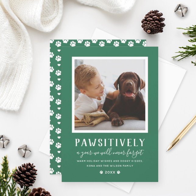 Pawsitively Unforgettable Year Green Dog Photo Holiday Card (Creator Uploaded)